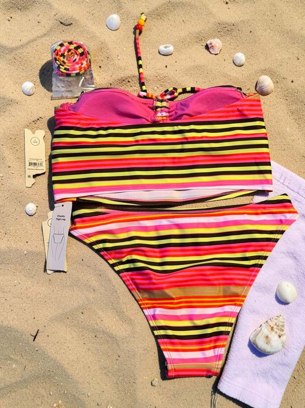 No Boundaries Striped Bandeau Bikini Set with Removable Straps and Cheeky High L - Picture 2 of 3